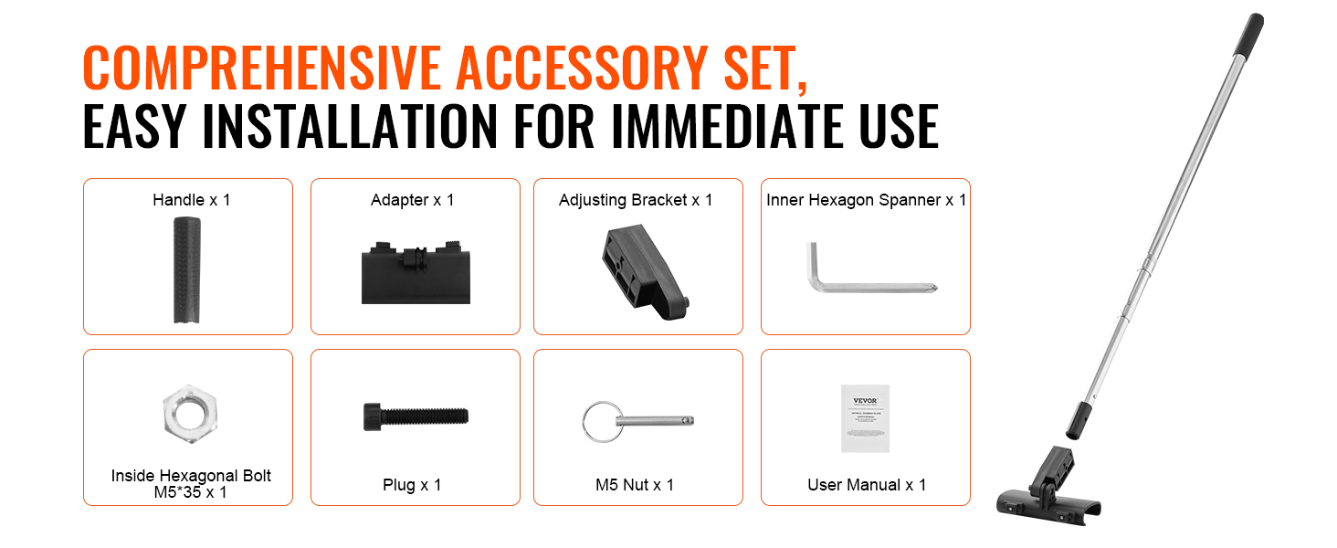 VEVOR drywall skimming kit, accessory set with handle, adapter, bracket, spanner, bolts, and manual.