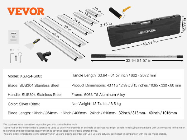 VEVOR drywall skimming blade set with stainless blades, adjustable handle, and carrying case.