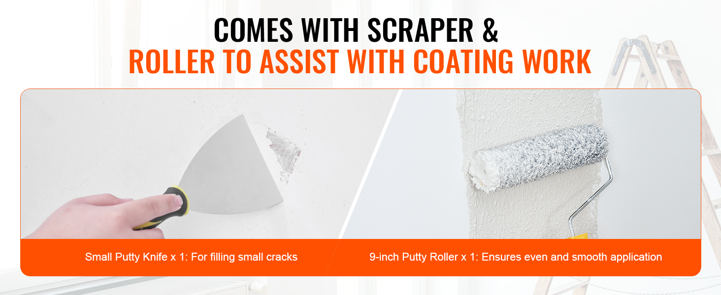 hand holding small putty knife for cracks and roller ensuring smooth application, VEVOR drywall skimming blade set.