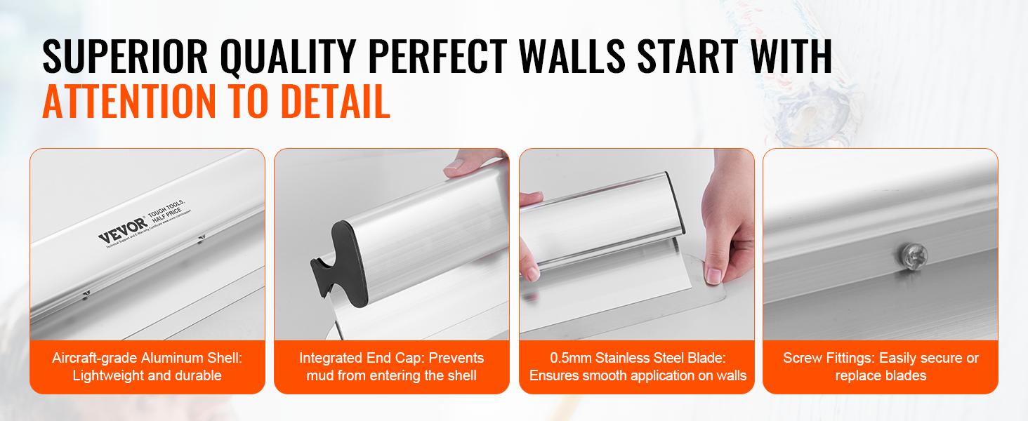 VEVOR drywall skimming blade set with stainless steel blade, aluminum shell, and secure screw fittings.