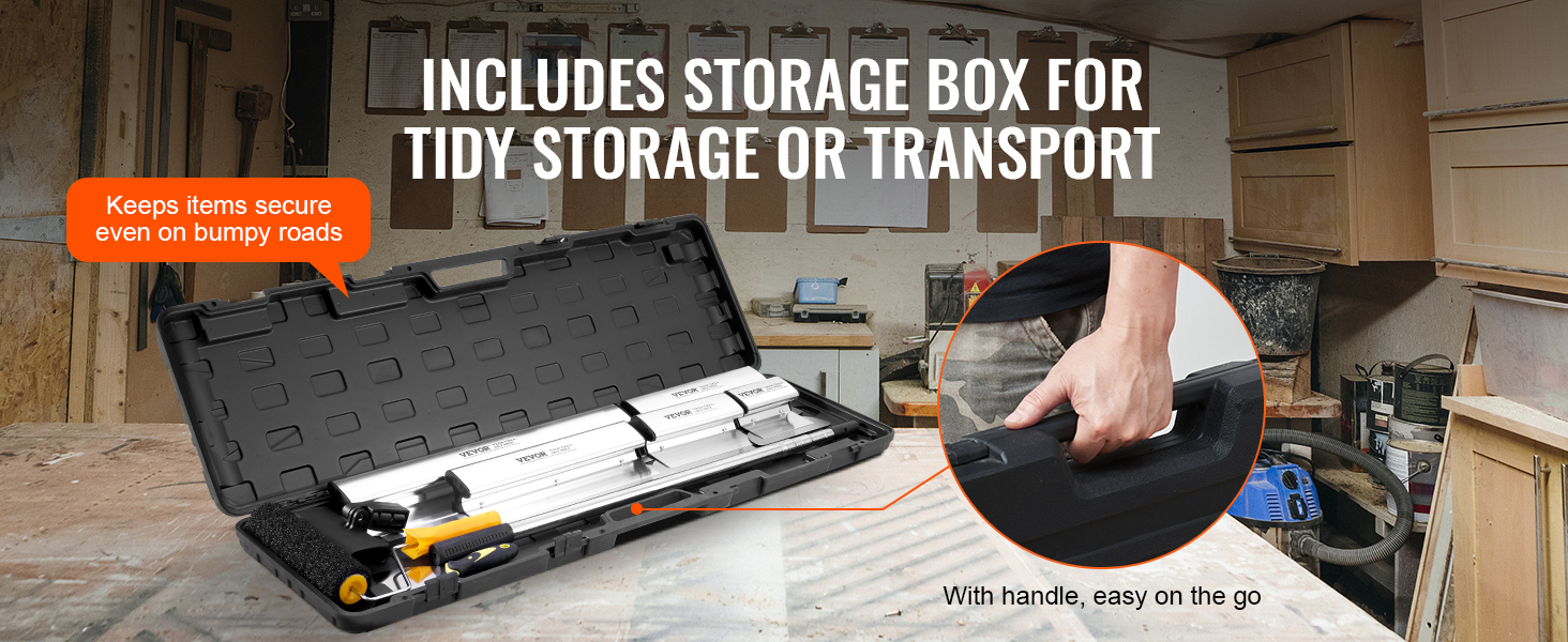 VEVOR drywall skimming blade set in storage box for easy transport and secure storage in workshop.