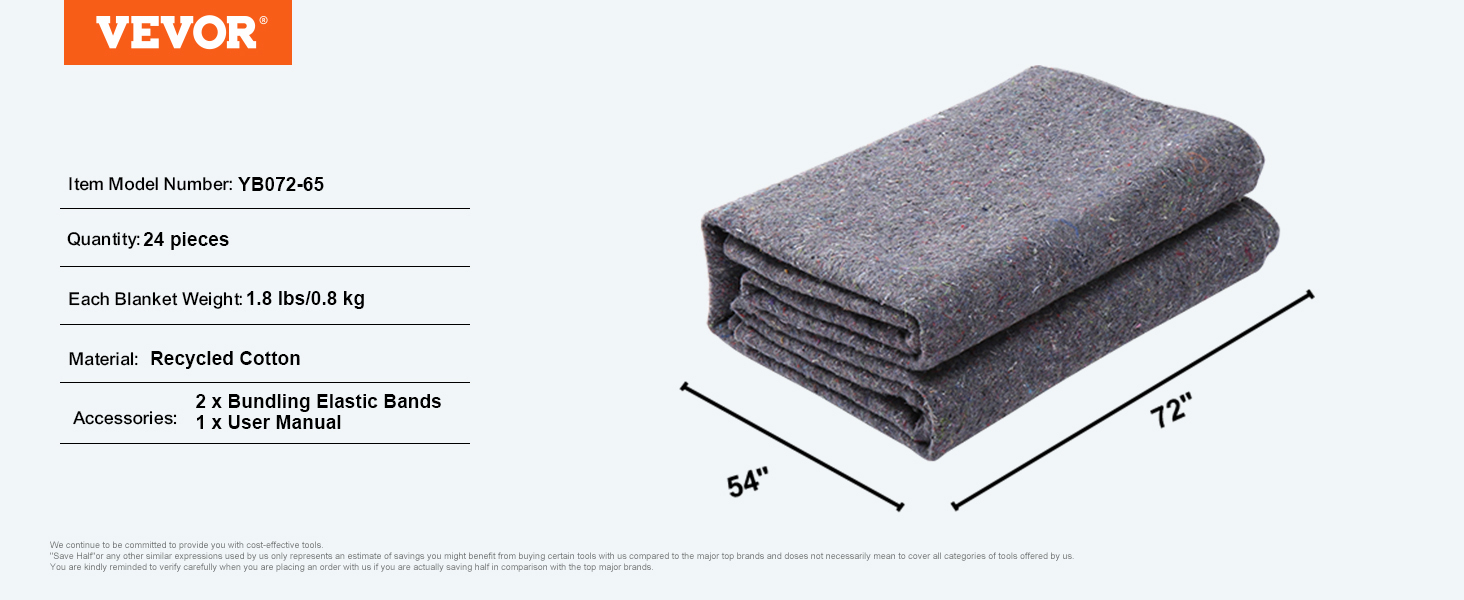 VEVOR moving blankets, 24 pieces, 54"x 72", 1.8 lbs each, recycled cotton, includes elastic bands.