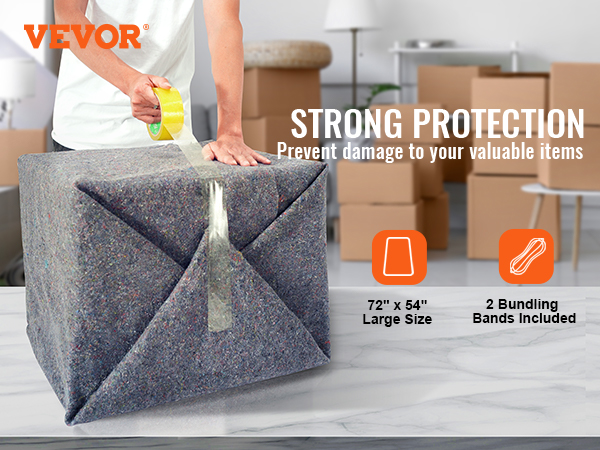 person taping VEVOR moving blankets on a box, surrounded by packed boxes and houseplants.