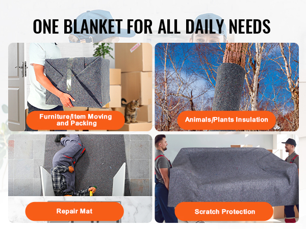VEVOR moving blankets for packing, insulation, repair mats, and scratch protection uses.
