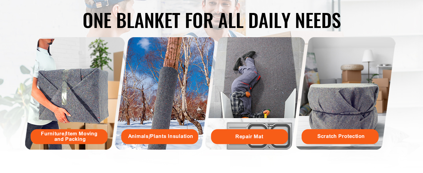 VEVOR moving blankets for packing, insulation, repair mats, and scratch protection uses.