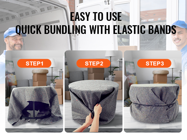 easy VEVOR moving blankets bundling in 3 steps with elastic bands, ideal for quick and secure packing.