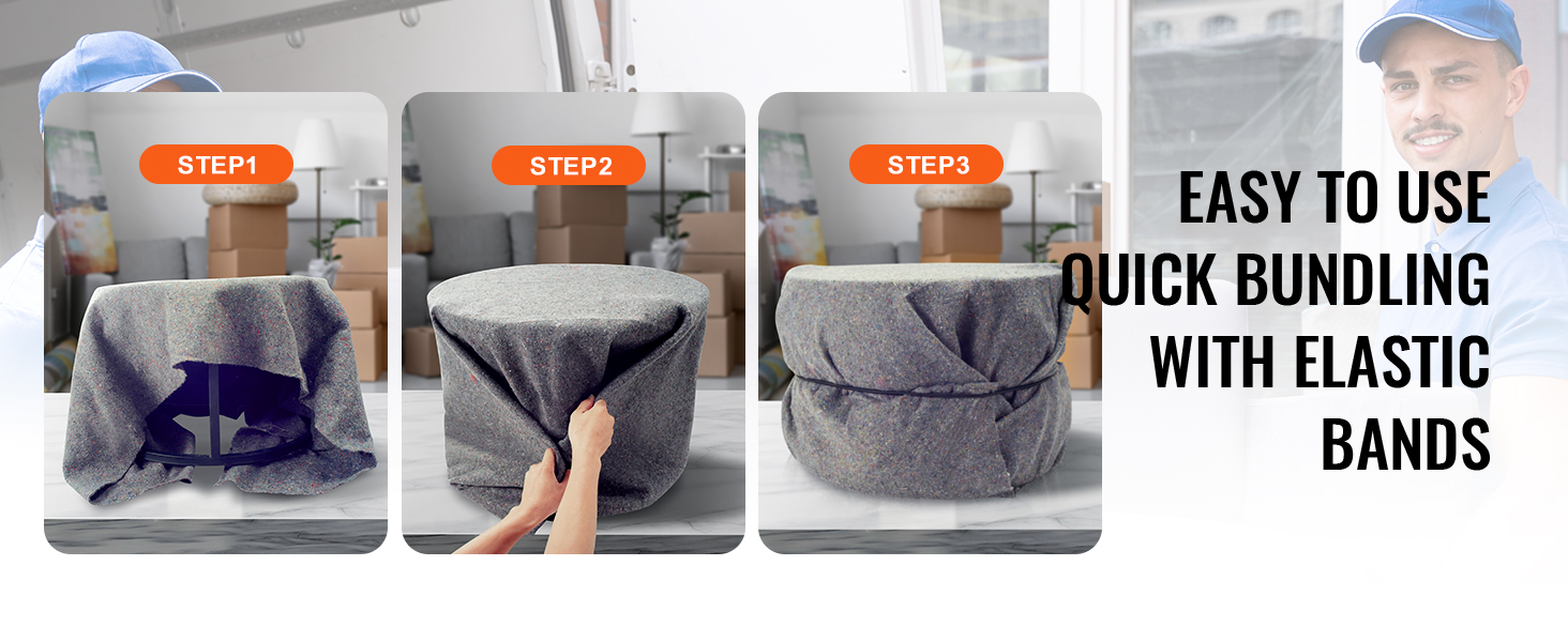 easy VEVOR moving blankets bundling in 3 steps with elastic bands, ideal for quick and secure packing.