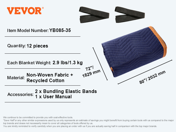 VEVOR moving blankets, 12 pieces, non-woven fabric, 2.9 lbs each, comes with elastic bands and user manual.