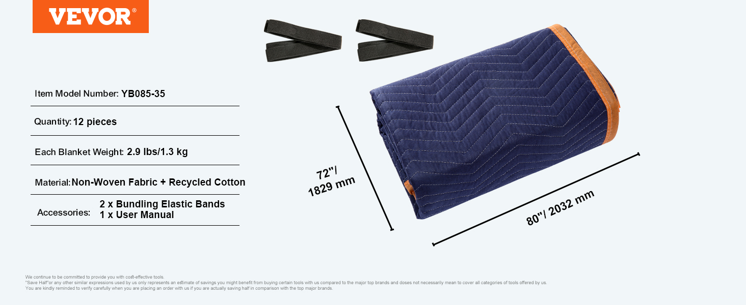VEVOR moving blankets, 12 pieces, non-woven fabric, 2.9 lbs each, comes with elastic bands and user manual.