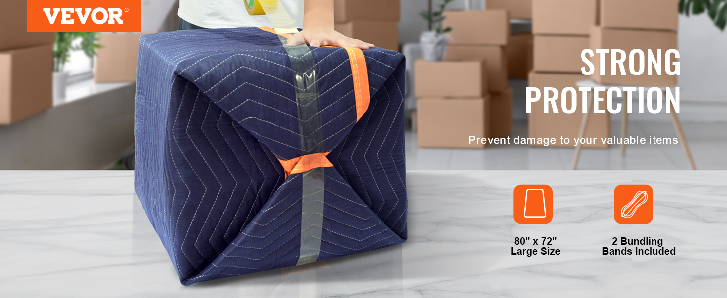 VEVOR moving blankets wrapped box with bundling bands on a table, with boxes in the background.