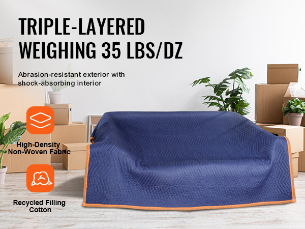 triple-layered VEVOR moving blankets on cardboard boxes, high-density fabric and recycled filling cotton icons.