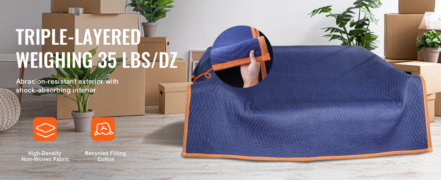triple-layered VEVOR moving blankets on cardboard boxes, high-density fabric and recycled filling cotton icons.