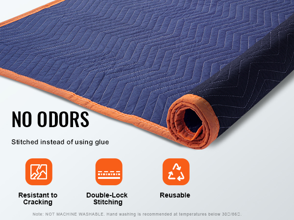 VEVOR moving blankets: odorless, double-lock stitching, resistant to cracking, reusable.