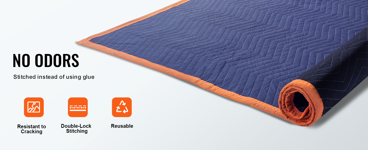 VEVOR moving blankets: odorless, double-lock stitching, resistant to cracking, reusable.