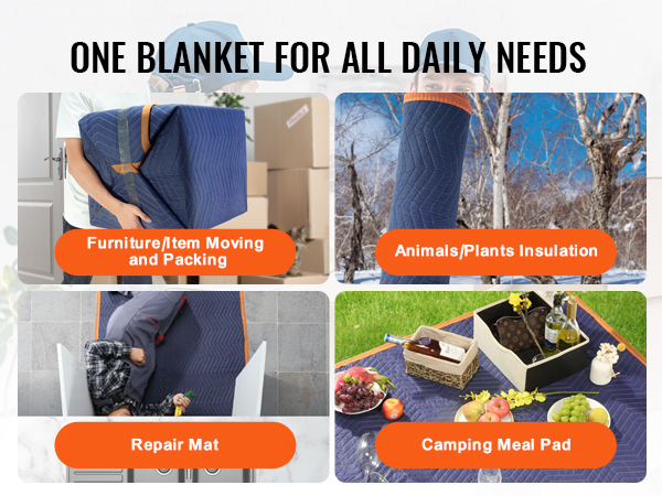 one blanket for various uses like furniture moving, plant insulation, repair mat, and camping meal pad. VEVOR moving blankets.