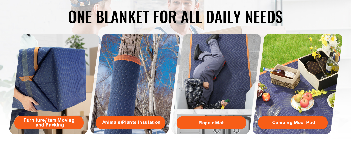 one blanket for various uses like furniture moving, plant insulation, repair mat, and camping meal pad. VEVOR moving blankets.