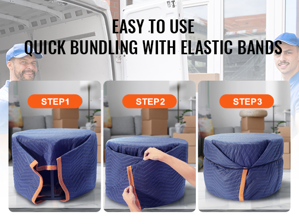 VEVOR moving blankets: elastic bands for easy bundling - 3-step guide, protect furniture efficiently.