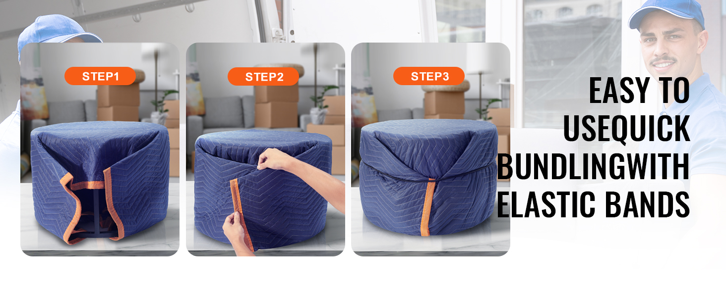 VEVOR moving blankets: elastic bands for easy bundling - 3-step guide, protect furniture efficiently.