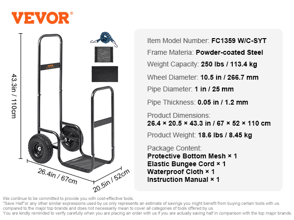 VEVOR firewood log cart, 250 lbs capacity, powder-coated steel, 10.5" wheels, 4 items included.