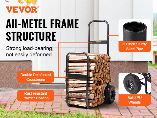 VEVOR firewood log cart with all-metal frame structure, solid pu wheels, and rust-resistant powder coating.