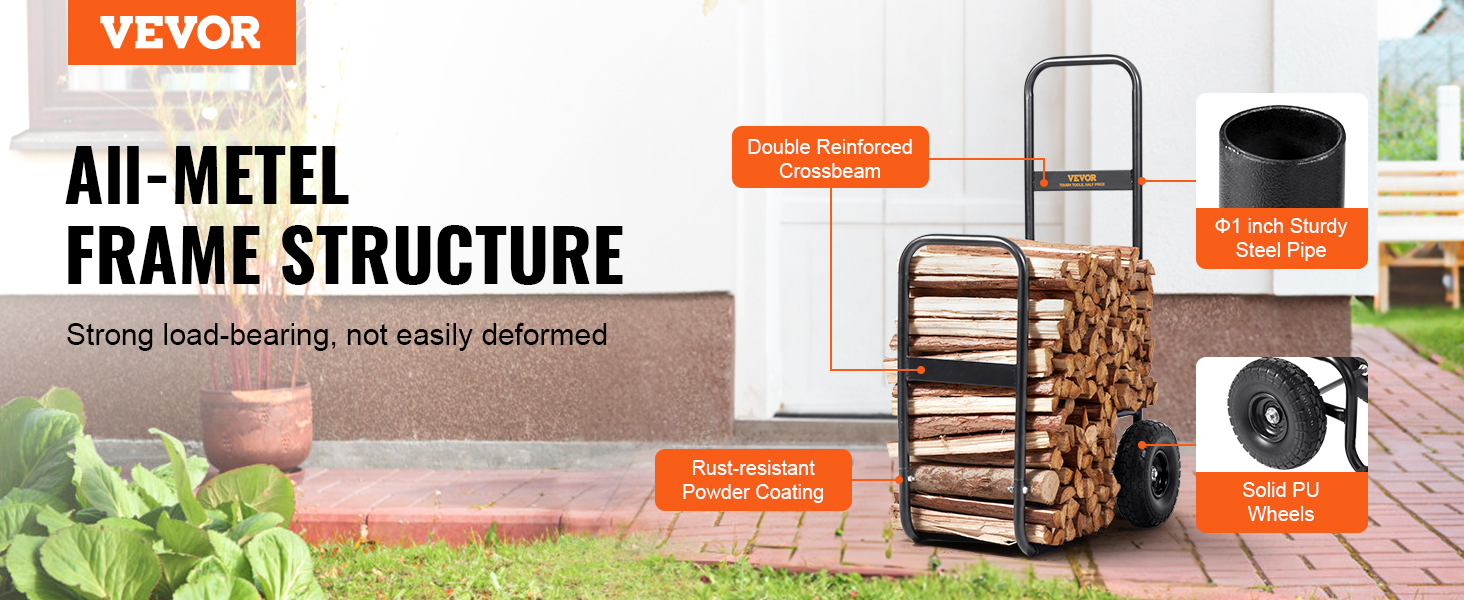 VEVOR firewood log cart with all-metal frame structure, solid pu wheels, and rust-resistant powder coating.
