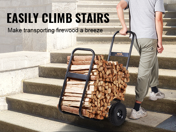 VEVOR firewood log cart easily transporting firewood up stairs with ease.