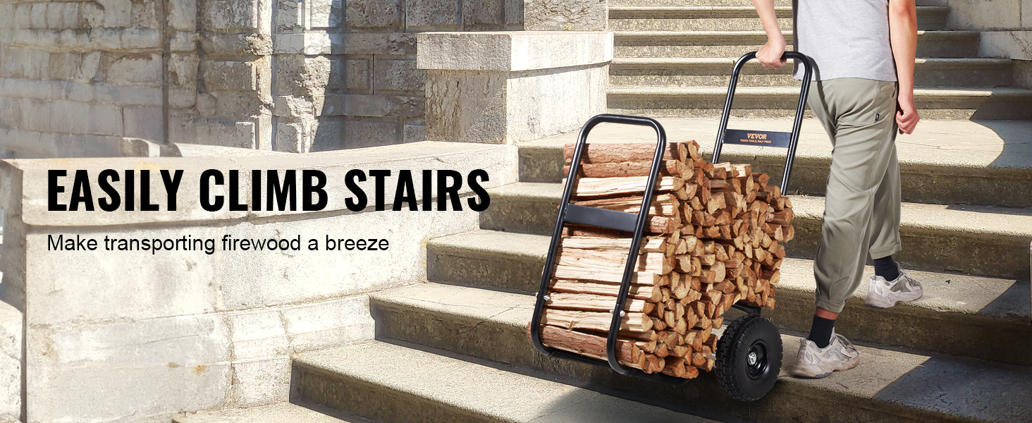 VEVOR firewood log cart easily transporting firewood up stairs with ease.