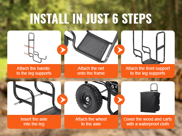 install VEVOR firewood log cart in 6 easy steps with images showing each assembly stage.