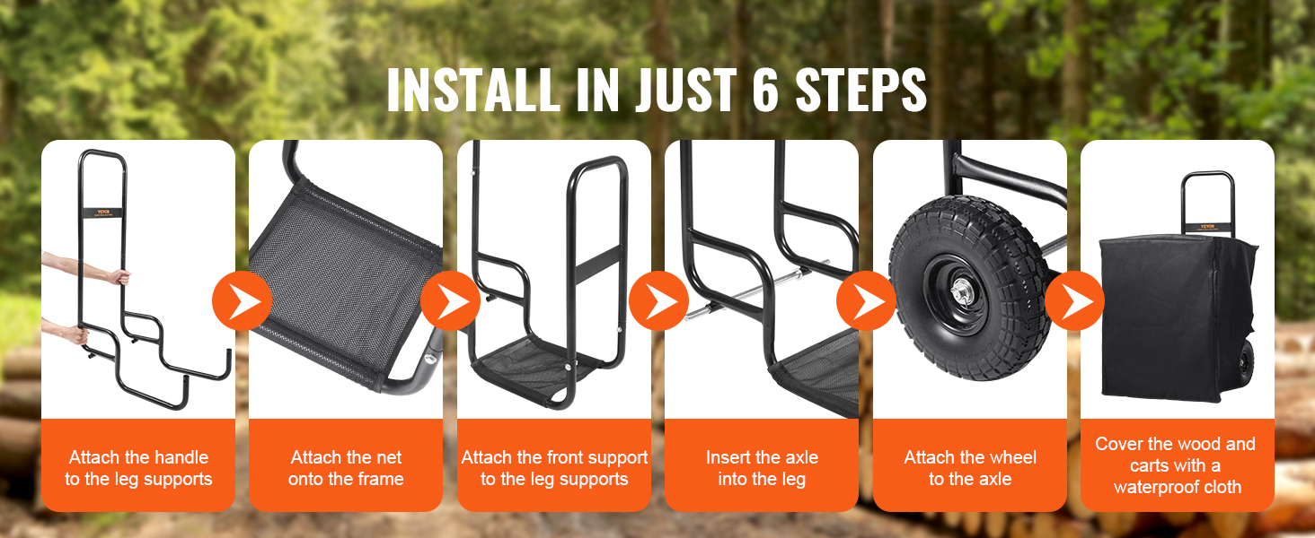 install VEVOR firewood log cart in 6 easy steps with images showing each assembly stage.