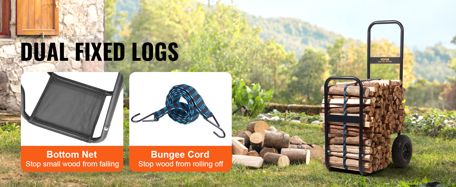 VEVOR firewood log cart with bottom net and bungee cord on a grassy landscape.