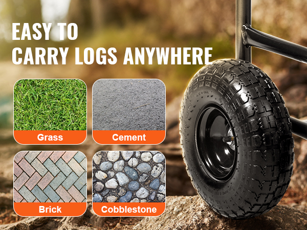 VEVOR firewood log cart with durable wheels for grass, cement, brick, and cobblestone surfaces.