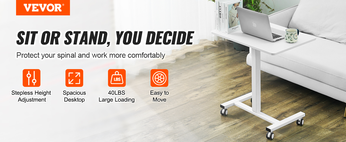 VEVOR mobile standing desk with height adjustment, spacious desktop, 40 lbs load capacity, easy to move.