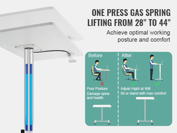VEVOR mobile standing desk promotes healthy posture with height adjustment from 28" to 44".