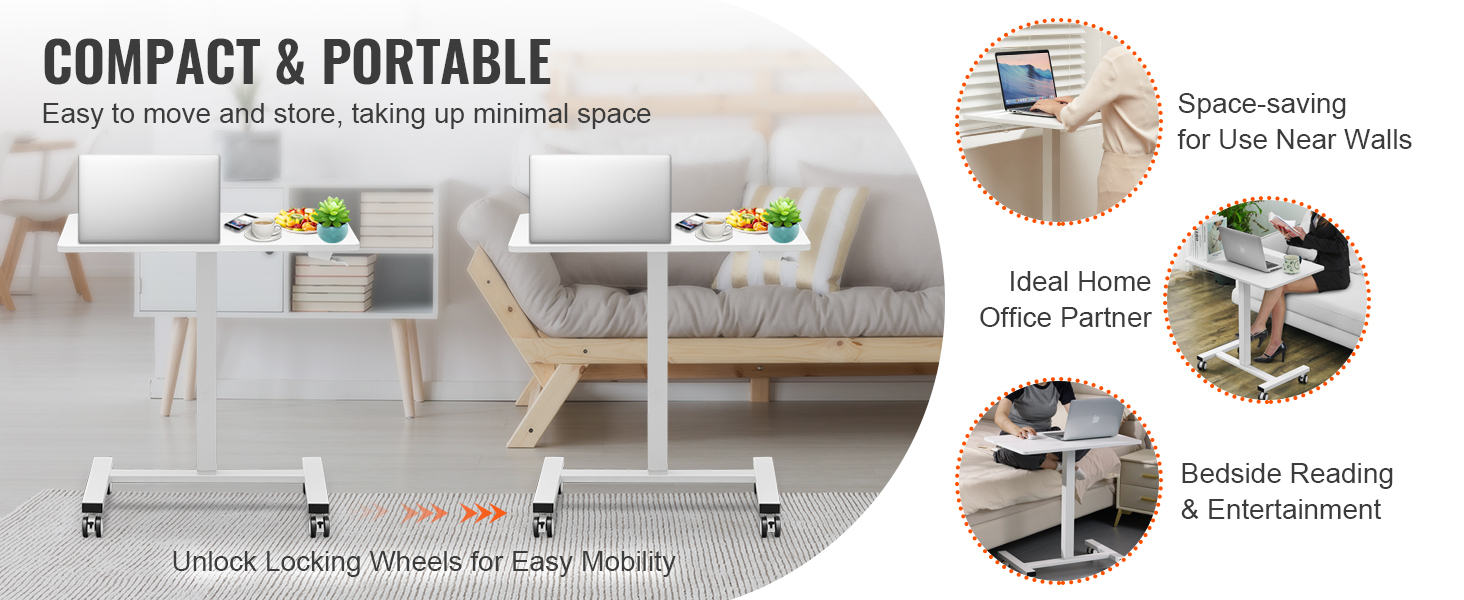 VEVOR mobile standing desk for home office and bedside use, compact and portable with locking wheels.