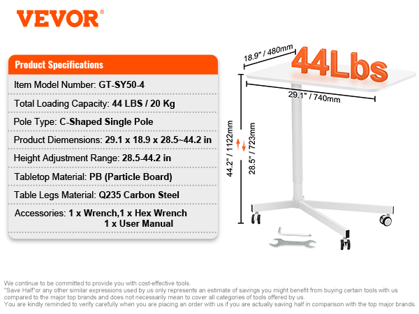 VEVOR mobile standing desk with 44 lbs capacity, pb tabletop, adjustable height from 28.5 to 44.2 in.