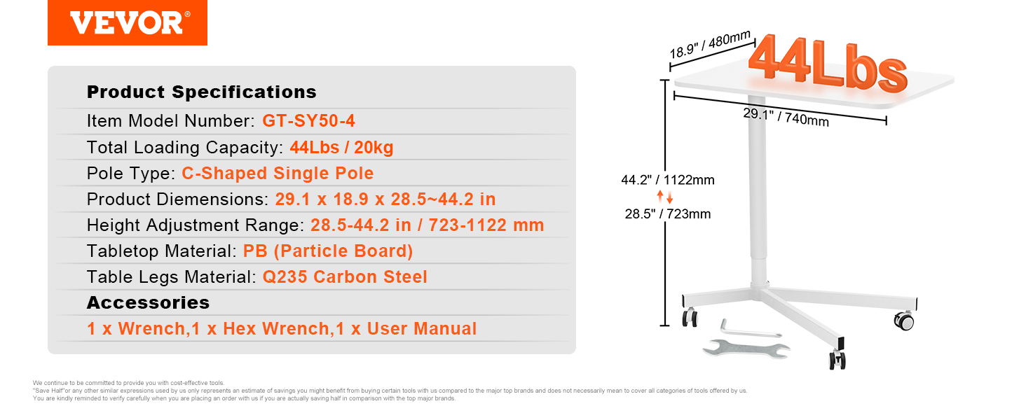VEVOR mobile standing desk with 44 lbs capacity, pb tabletop, adjustable height from 28.5 to 44.2 in.