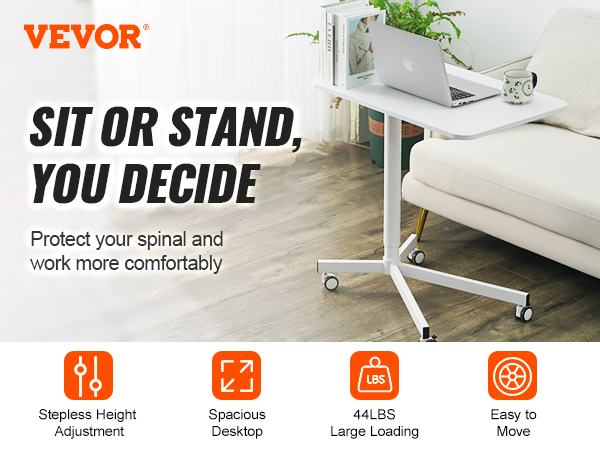 VEVOR mobile standing desk next to a sofa with laptop and coffee mug, showcasing adjustable height.