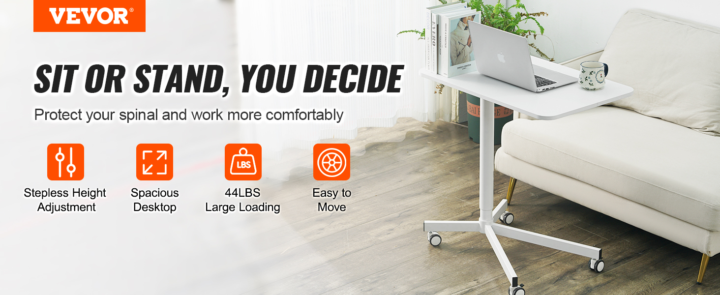 VEVOR mobile standing desk next to a sofa with laptop and coffee mug, showcasing adjustable height.