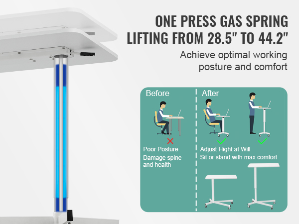 VEVOR mobile standing desk with adjustable height from 28.5" to 44.2" for better posture and comfort.