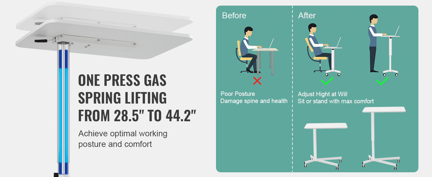 VEVOR mobile standing desk with adjustable height from 28.5" to 44.2" for better posture and comfort.
