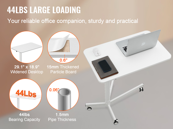 VEVOR mobile standing desk with 44lbs loading, 29.1"x18.9" desktop, 15mm particle board, 1.5mm pipe.