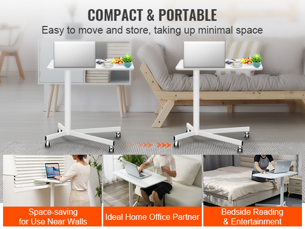 compact and portable VEVOR mobile standing desk with locking wheels, ideal for home office and bedside use.