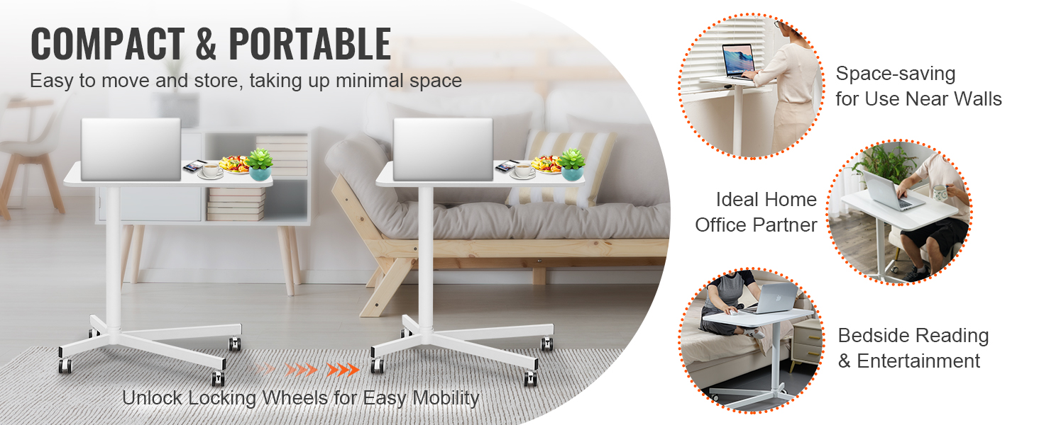 compact and portable VEVOR mobile standing desk with locking wheels, ideal for home office and bedside use.
