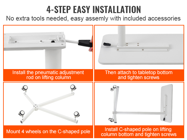 4-step installation guide for the VEVOR mobile standing desk with included accessories.