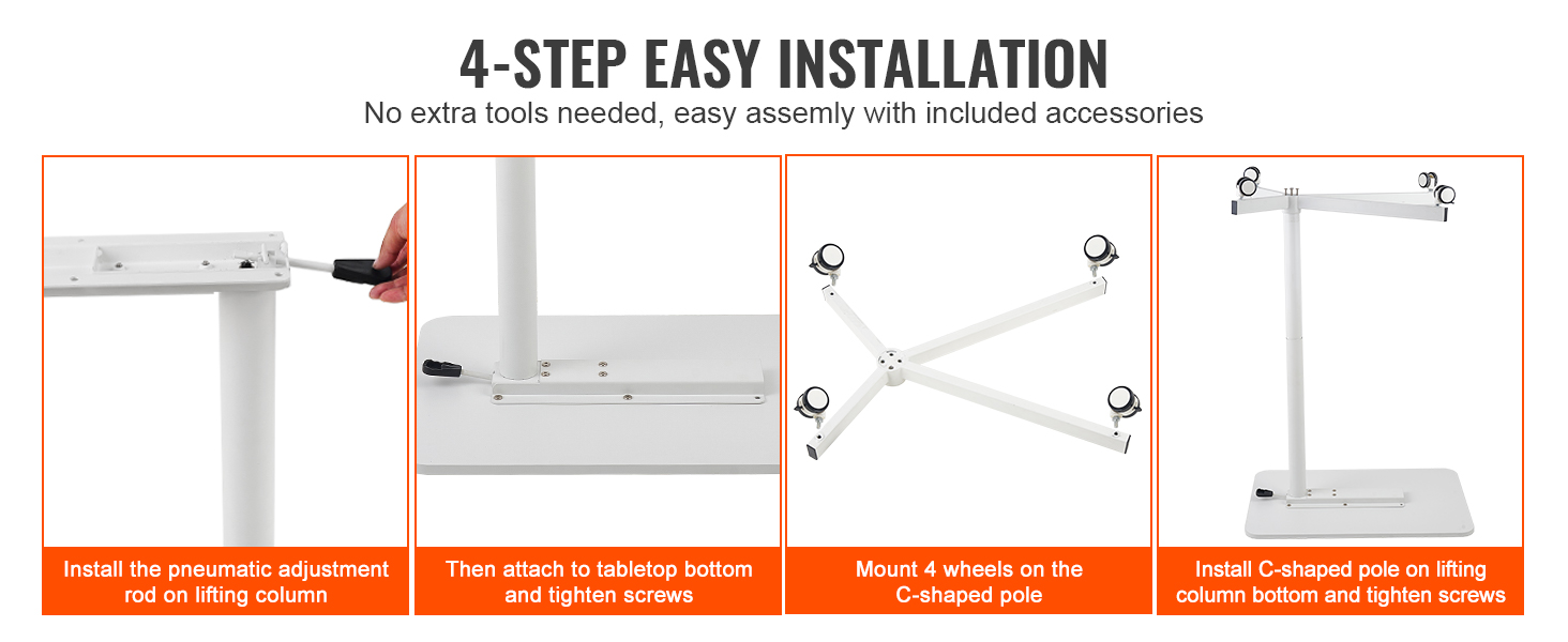 4-step installation guide for the VEVOR mobile standing desk with included accessories.