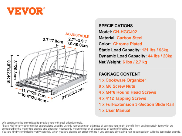 VEVOR under cabinet organizer dimensions, specifications, and package content details.