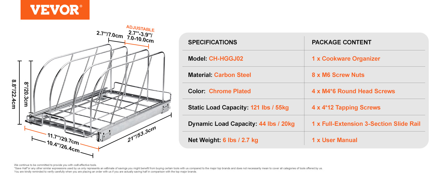 VEVOR under cabinet organizer dimensions, specifications, and package content details.