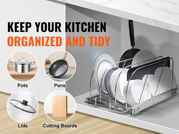 VEVOR under cabinet organizer showcasing organized pots, pans, lids, and cutting boards in a tidy kitchen.