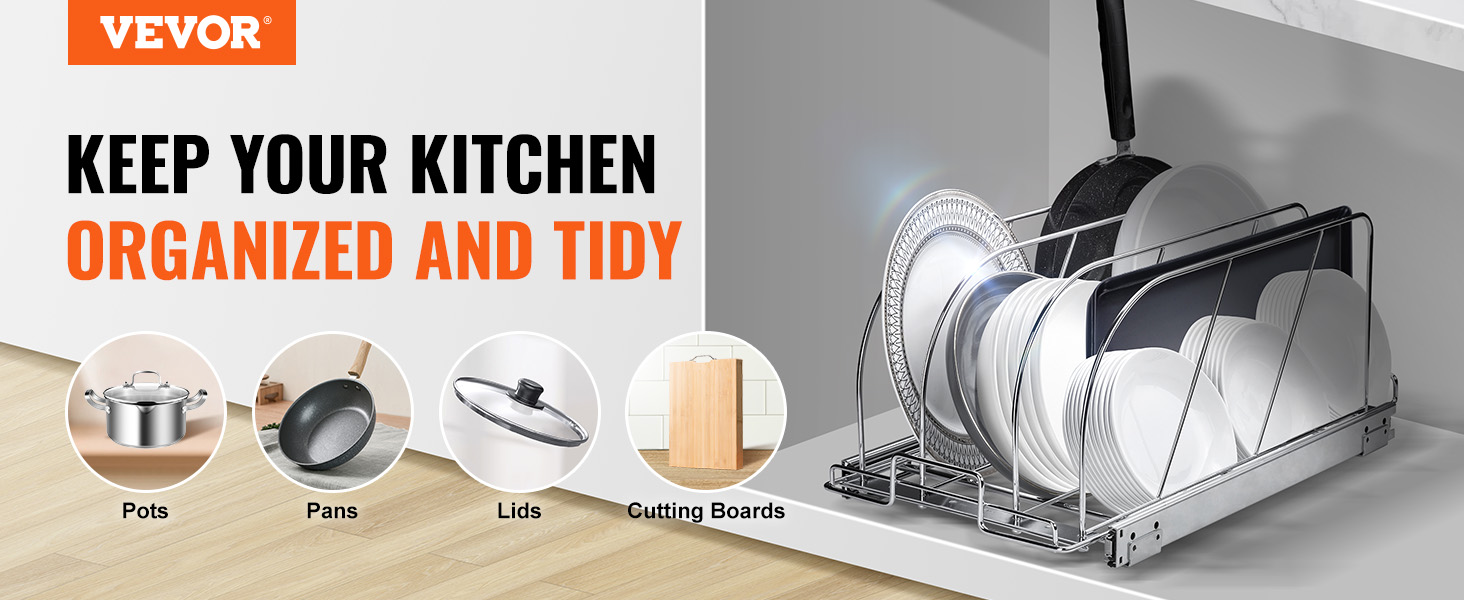 VEVOR under cabinet organizer showcasing organized pots, pans, lids, and cutting boards in a tidy kitchen.