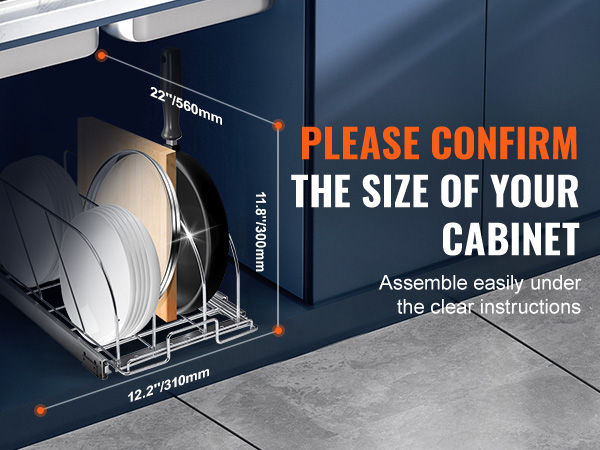 VEVOR under cabinet organizer with dimensions for easy assembly and storage of kitchen items.